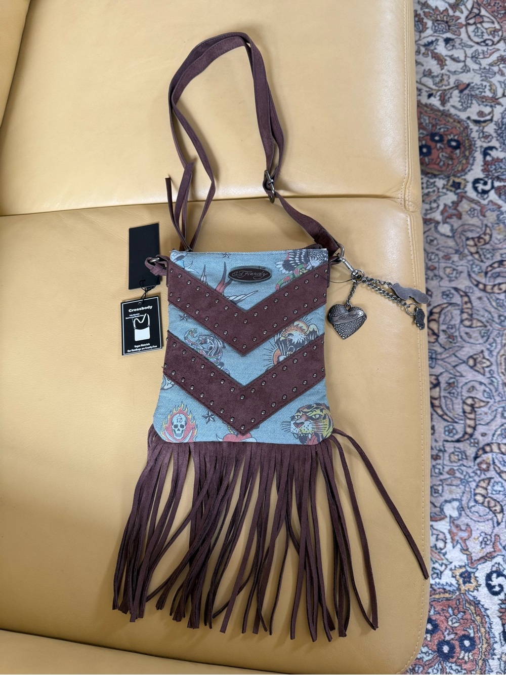 New Ed Hardy tattoo print fringe Crossbody bag denim suede studded skull tiger